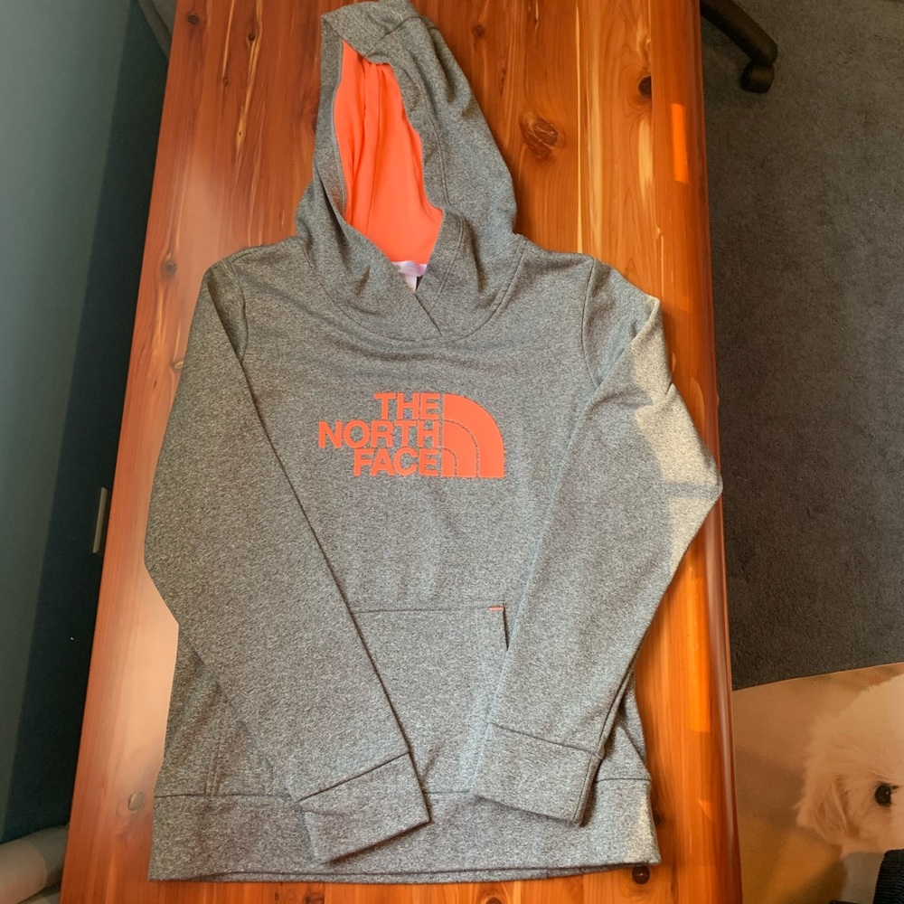 The North Face gray and orange hooded sweatshirt